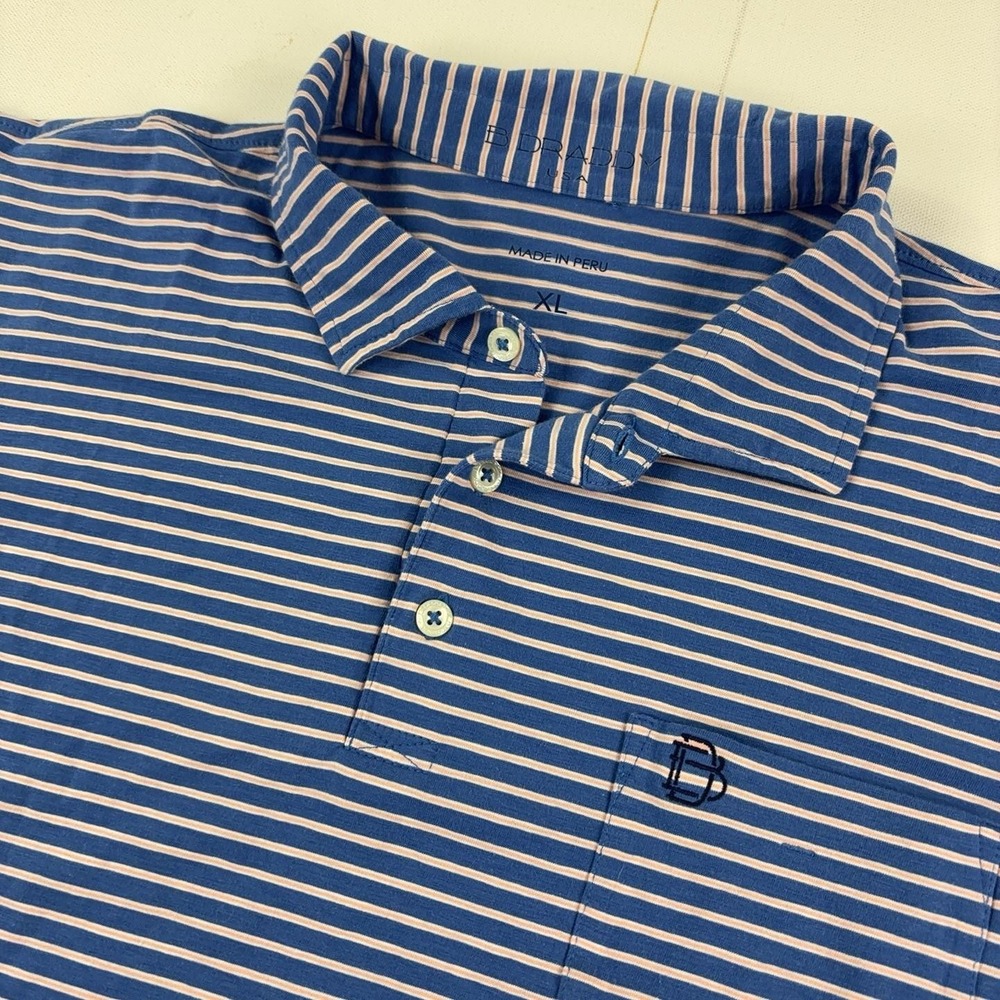 B. Draddy Polo Shirt Mens XL Blue Striped Cotton Stretch Pocket Short Sleeve